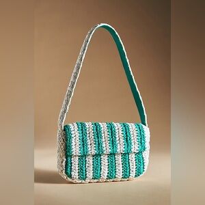 Anthropologie Fiona green striped raffia shoulder‎ bag